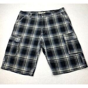 Rustic Blue Mens Plaid Cargo Shorts Black Grey White Size 36 Cotton PN 130956